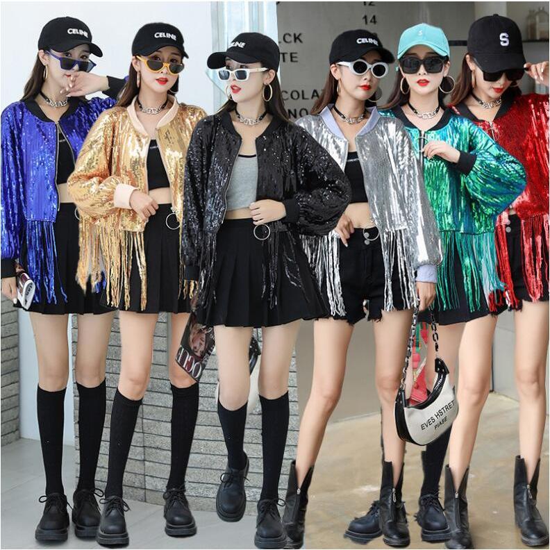 スパンコール ジャケット レディース チアダンス衣装 欧米風 きらきら 長袖 演出服 ジャズダンス衣装 ゆったりがルーズ 舞台 ステージ衣装 裾フリンジ 歌手 夜店